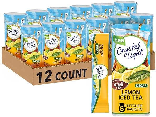 Crystal Light Decaf Lemon Iced Tea Naturally Flavored Powdered Drink Mix, 72 ct Pack, 12 Canisters of 6 Pitcher Packets - Product Image