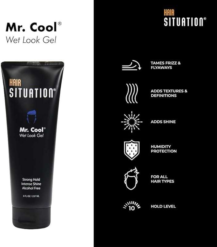 Hair Situation Mr. Cool Wet Look Strong Hold Hair Styling Hair Gel, High Shine, Anti-Humidity Shield, Anti-Frizz Fly Away, Alcohol-Free, No Flake Formula Made with Vitamins to Strengthen Hair, 8 Fl Oz - Image 5