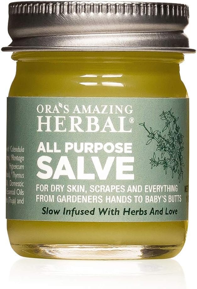 Ora's Amazing Herbal All Purpose Salve, Natural Healing Ointment, Tea Tree Oil Skin Balm, Comfrey Calendula Thyme Plantain, Hand Salve, Rash Cream, Dry Skin Repair, Itch Relief, 1 oz Glass Jar - Product Image