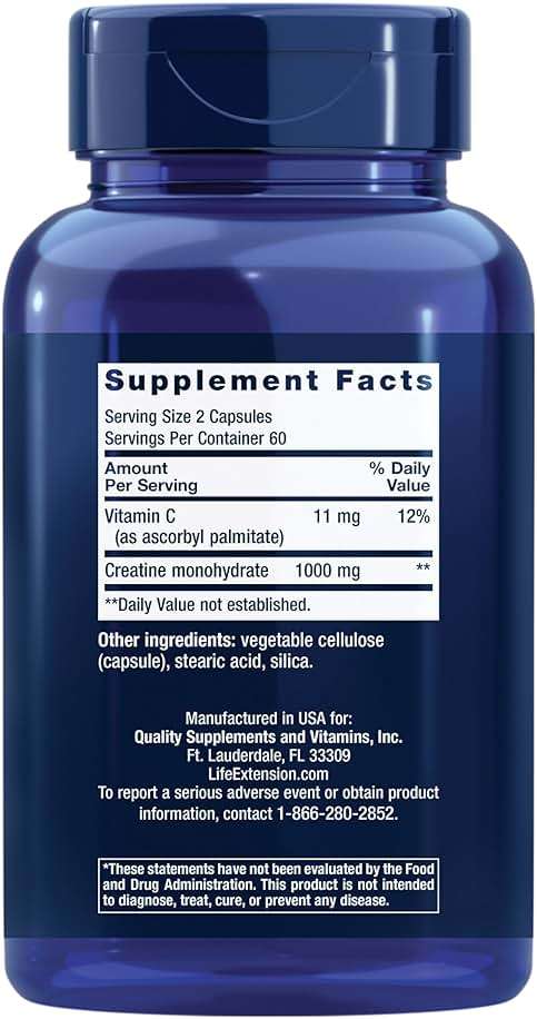 Life Extension Creatine Capsules – Creatine Monohydrate – Promotes Strength, Lean Muscle, Healthy Endurance – Non-GMO, Gluten-Free – 120 Capsules - Image 2