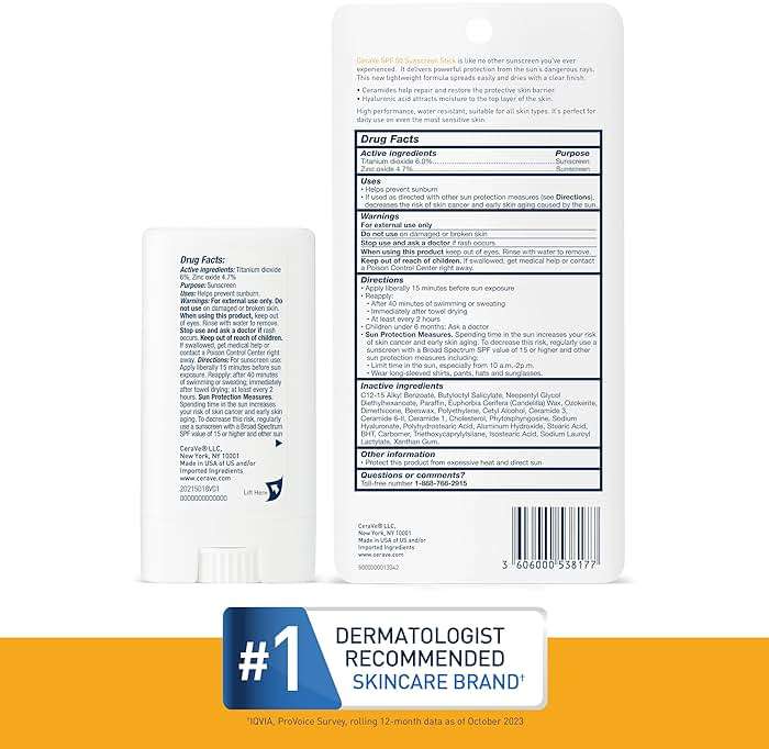 CeraVe Mineral Sunscreen Stick SPF 50, Broad Spectrum SPF + Hyaluronic Acid + Ceramides, Titanium Dioxide & Zinc Oxide, 100% Mineral Face Sunscreen Stick, Fragrance Free & Oil Free - Image 6
