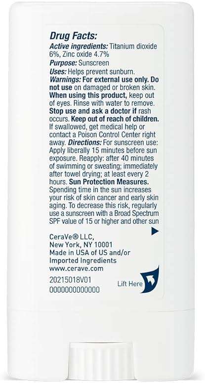 CeraVe Mineral Sunscreen Stick SPF 50, Broad Spectrum SPF + Hyaluronic Acid + Ceramides, Titanium Dioxide & Zinc Oxide, 100% Mineral Face Sunscreen Stick, Fragrance Free & Oil Free - Image 10