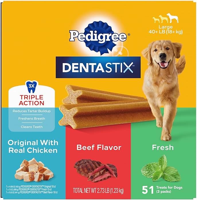 Pedigree Dentastix Large Breed Dog Treats, Original, Beef & Fresh Flavor, 2.73 lb. Variety Pack (51 Treats) - Product Image