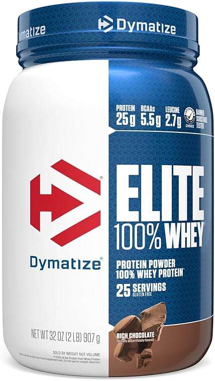 Dymatize Elite 100% Whey Protein Powder, Chocolate, 25g of Protein, 5.5g BCAAs, Less Than 140 Cal., Gluten Free, 3g Carb, 2g Sugar, 3g Fat (25 Servings) - Image 1