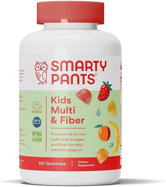 SmartyPants Kids Multivitamin Gummies and Fiber Supplement: Vitamin D3, C, Vitamin B12, B6, A, Zinc, Biotin, Inositol, Fiber Gummies, Three Fruit Flavors, 120 Count (30 Day Supply) - Product Image