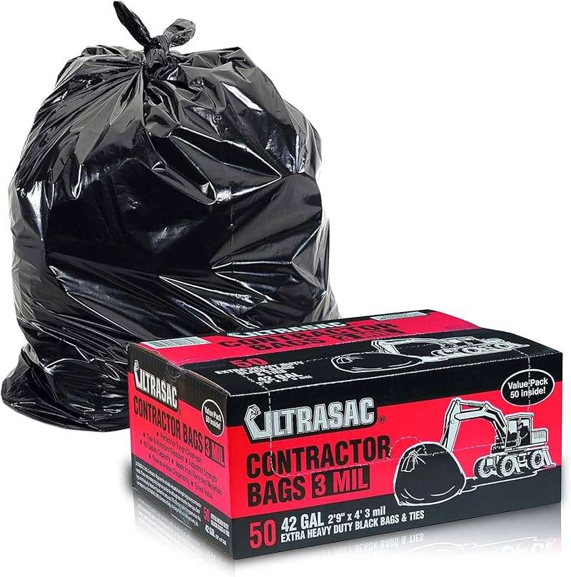 Ultrasac Heavy Duty Contractor Bags (VALUE 50 PACK/w TIES), 42 Gallon, 32.75" X 47" - 3 MIL Thick Large Black Industrial Garbage Trashbags for Construction and Commercial use - Image 1
