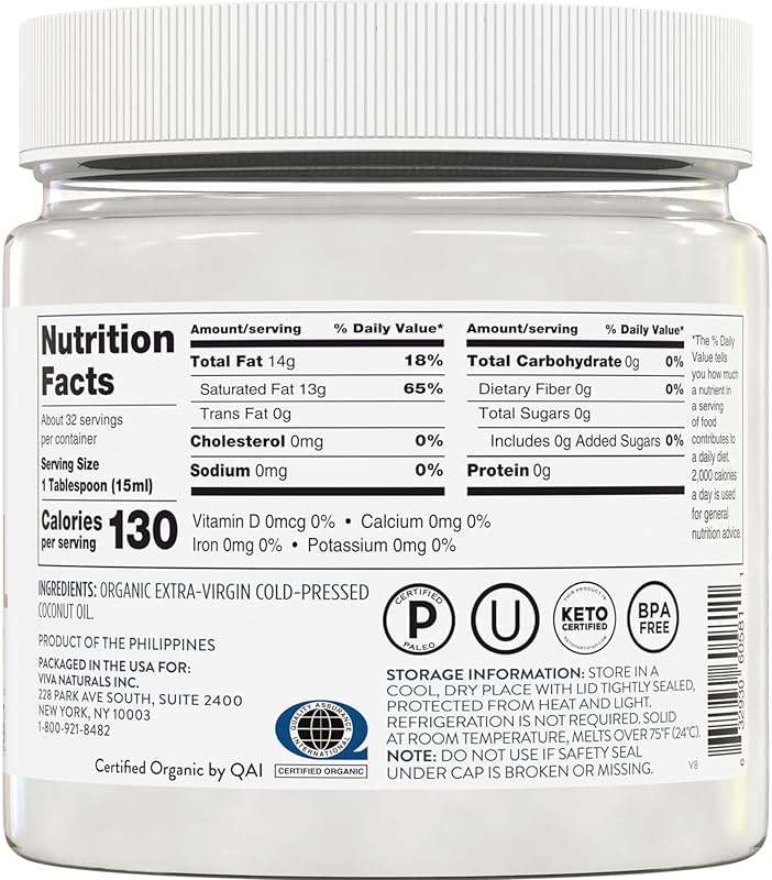 Viva Naturals Organic Coconut Oil, 16 fl oz – Unrefined, Cold-Pressed Extra Virgin Coconut Oil, USDA Organic & Non-GMO, Natural Cooking Oil, Hair Oil & Skin Oil - Image 3
