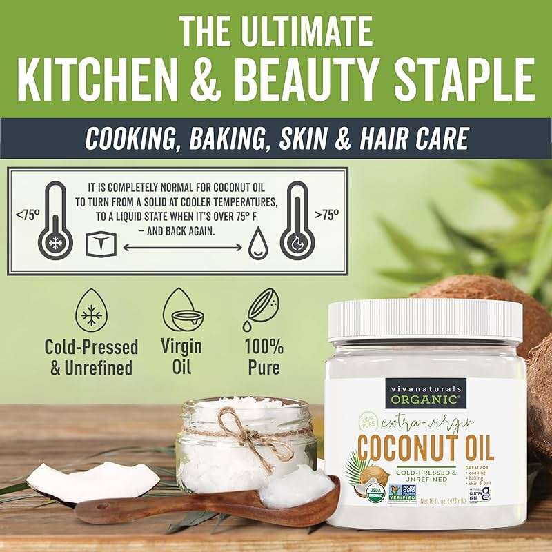 Viva Naturals Organic Coconut Oil, 16 fl oz – Unrefined, Cold-Pressed Extra Virgin Coconut Oil, USDA Organic & Non-GMO, Natural Cooking Oil, Hair Oil & Skin Oil - Image 4