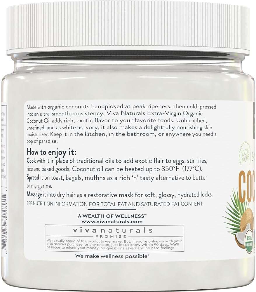 Viva Naturals Organic Coconut Oil, 16 fl oz – Unrefined, Cold-Pressed Extra Virgin Coconut Oil, USDA Organic & Non-GMO, Natural Cooking Oil, Hair Oil & Skin Oil - Image 8