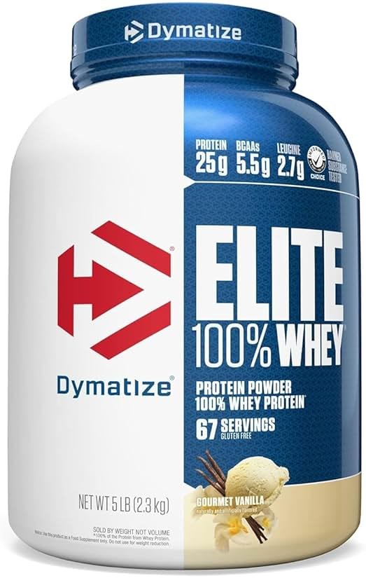Dymatize Elite 100% Whey Protein Powder, Vanilla, 25g of Protein, 5.5g BCAAs, Less Than 140 Cal., Gluten Free, 2g Carb, 2g Sugar, 3g Fat (67 Servings) - Product Image