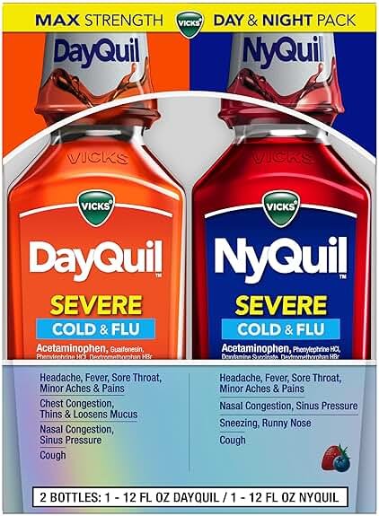 Vicks DayQuil & NyQuil SEVERE Cold & Flu Medicine, Relief for Headache, Fever, Sore Throat, Minor Aches & Pains, Nasal Congestion, Sinus Pressure, Stuffy Nose, and Cough, Co-Pack, 2 x 12 OZ - Product Image