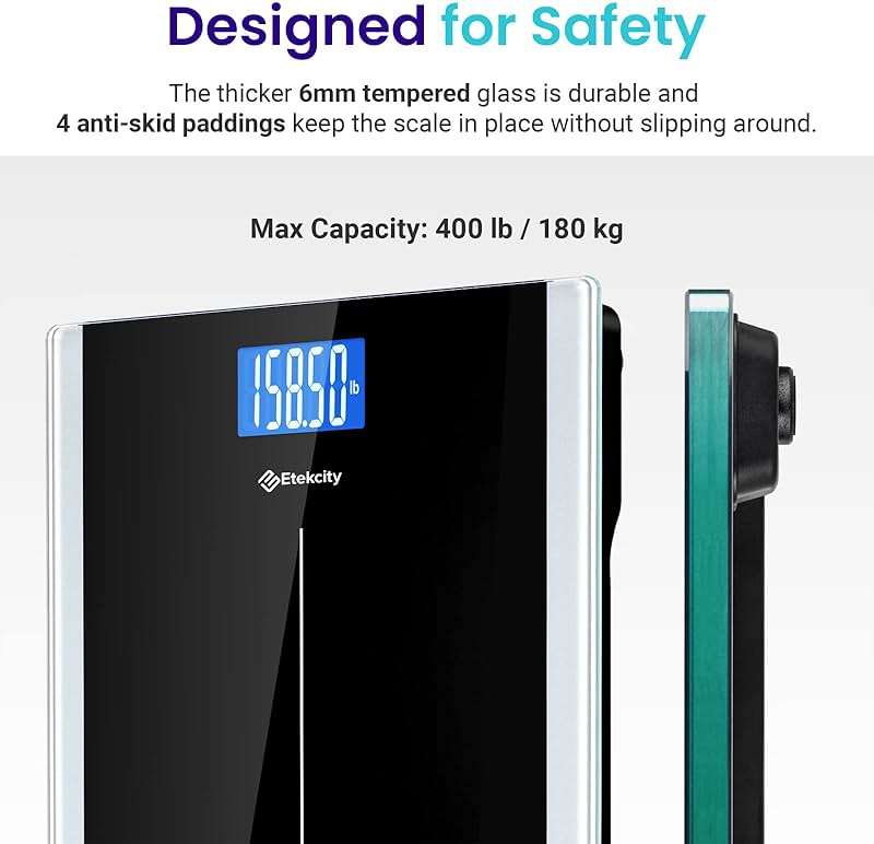 Etekcity Bathroom Scale for Body Weight, Highly Accurate Digital Electronic Weighing Machine for People, LCD Display, Large Size, 6mm Tempered Glass for Safe Home Use, Batteries Included, 400 lbs - Image 4