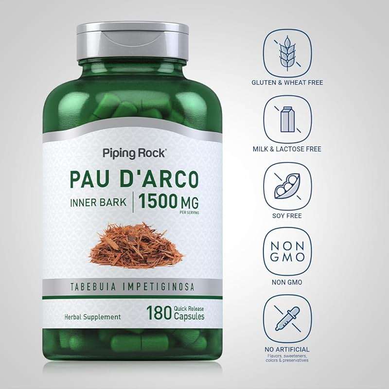 Piping Rock PAU D'Arco Capsules | 1500 mg | 180 Pills | Inner Bark | Herb Extract Supplement | Non-GMO, Gluten Free - Image 3