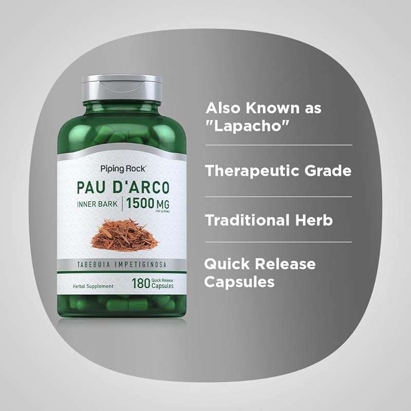 Piping Rock PAU D'Arco Capsules | 1500 mg | 180 Pills | Inner Bark | Herb Extract Supplement | Non-GMO, Gluten Free - Image 4