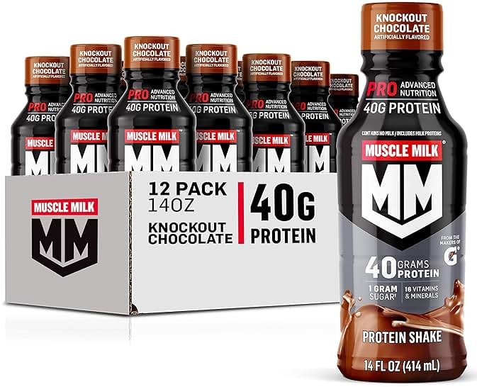 Muscle Milk Pro Advanced Nutrition Protein Shake, Knockout Chocolate, 14 Fl Oz Bottle, 12 Pack, 40g Protein, 1g Sugar, 16 Vitamins & Minerals, 6g Fiber, Workout Recovery, Packaging May Vary - Product Image