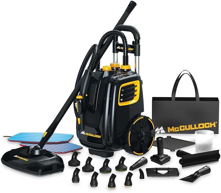 McCulloch MC1385 Deluxe Canister Steam Cleaner, 2-Hour Runtime, Chemical-Free, 23 Accessories: Mop Head, Brushes & More - Built for Home, Tile, Carpet, Furniture, & Personal Car Detailing - Image 1