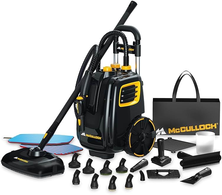 McCulloch MC1385 Deluxe Canister Steam Cleaner, 2-Hour Runtime, Chemical-Free, 23 Accessories: Mop Head, Brushes & More - Built for Home, Tile, Carpet, Furniture, & Personal Car Detailing - Product Image