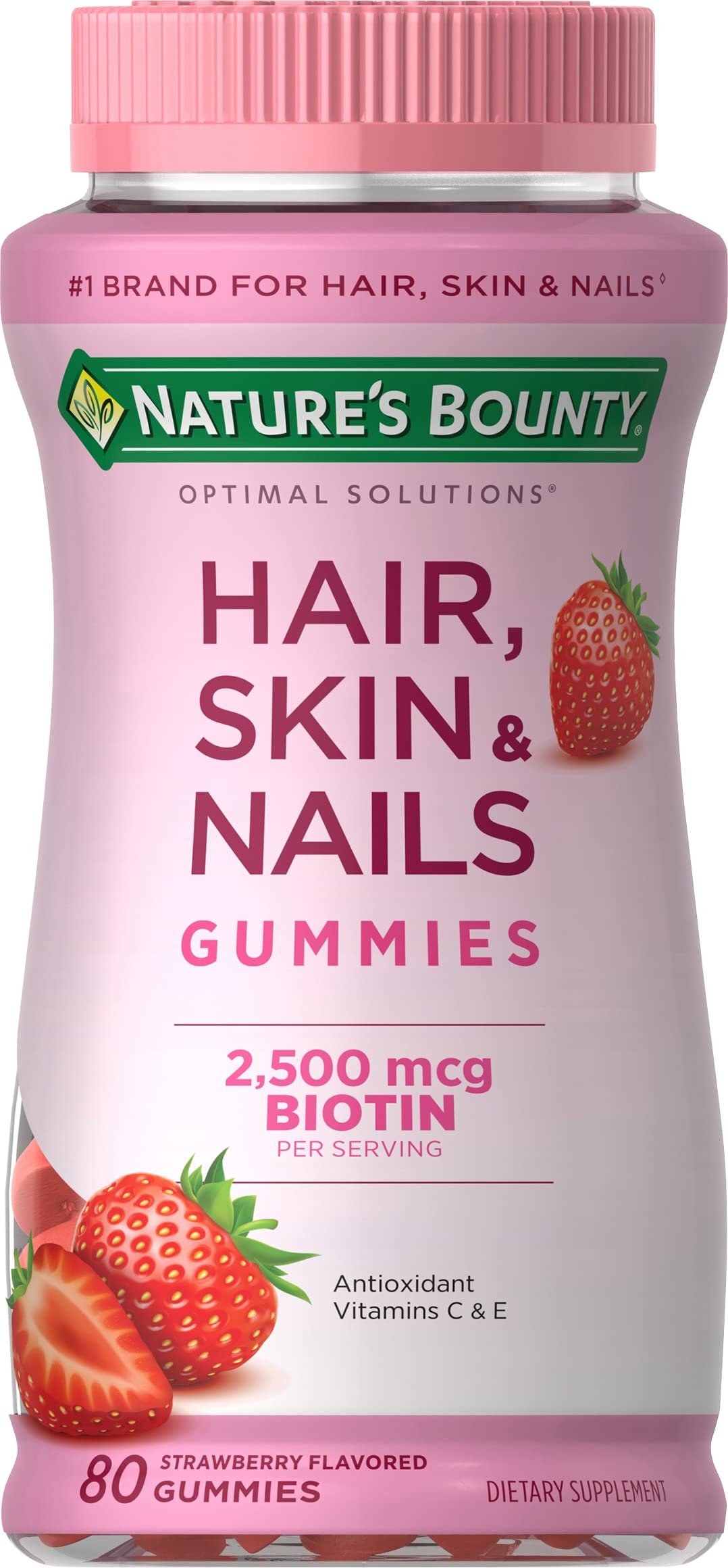 Nature's Bounty Optimal Solutions Hair, Skin & Nails Vitamin Gummies with Biotin, 2500 mcg, Strawberry, 80 Count, 40 Total Servings - Product Image