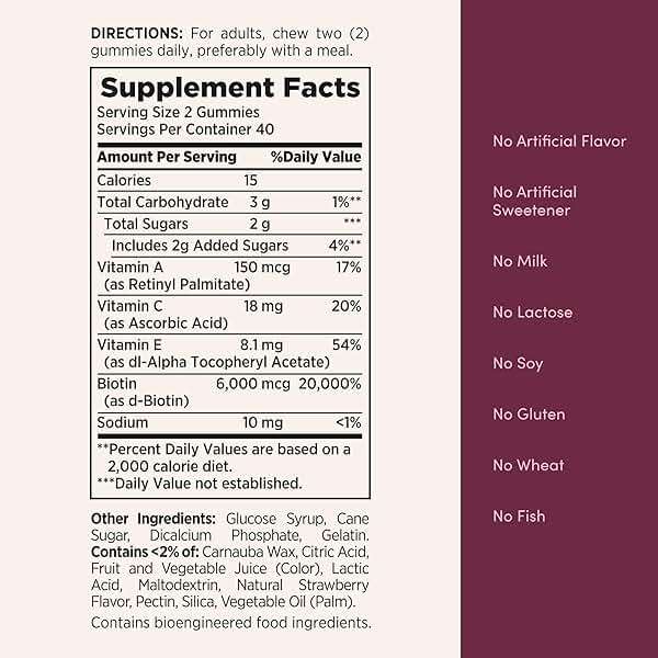 Nature's Bounty Optimal Solutions Hair, Skin & Nails Vitamin Gummies with Biotin, 2500 mcg, Strawberry, 80 Count, 40 Total Servings - Image 6