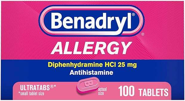 Benadryl Ultratabs Allergy Medicine, 25 mg Diphenhydramine HCl Antihistamine Tablets For Cold & Allergy Relief of Symptoms Like Sneezing, Runny Nose, Itchy Eyes & Throat, Hay Fever, 100 Count Tablets - Image 1