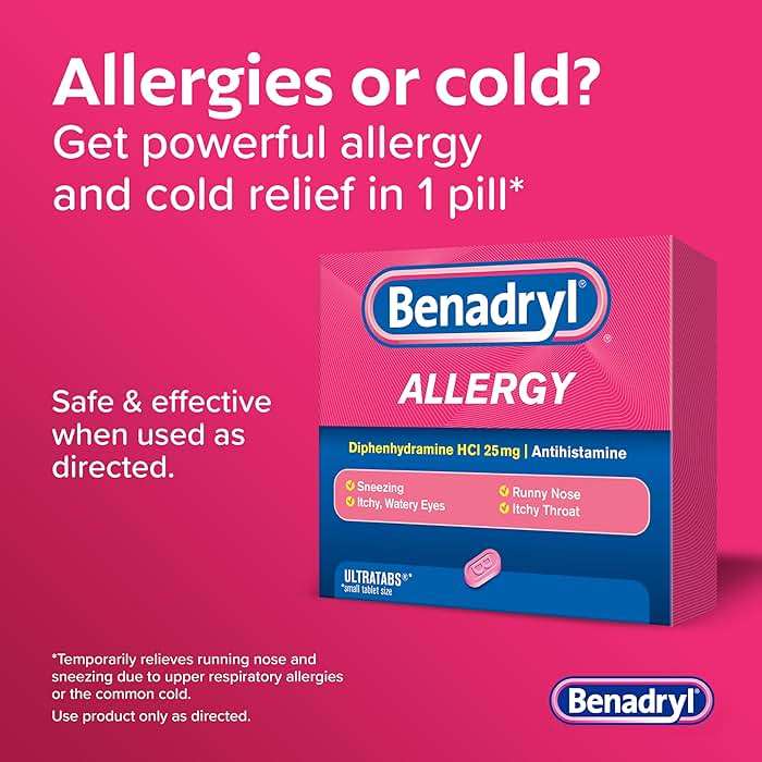 Benadryl Ultratabs Allergy Medicine, 25 mg Diphenhydramine HCl Antihistamine Tablets For Cold & Allergy Relief of Symptoms Like Sneezing, Runny Nose, Itchy Eyes & Throat, Hay Fever, 100 Count Tablets - Image 3