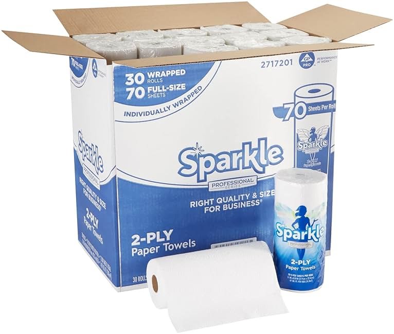 Sparkle Professional Series by Georgia-Pacific PRO 2-Ply Perforated Kitchen Paper Towel Rolls, Individually Wrapped, White, 11” x 8.8” (LxW), 70 Sheets/Roll, 30 Rolls/Case, 2717201 - Product Image