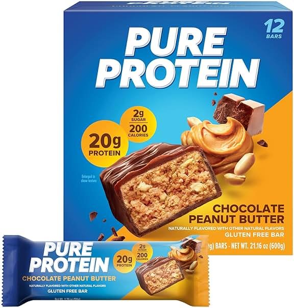 Pure Protein Chocolate Peanut Butter Protein Bars – 20g Protein, 3g Sugar, 190 Calories (12 count) Low Sugar* High Protein Snack - Gluten Free - Perfect for a Healthy Snack - Product Image