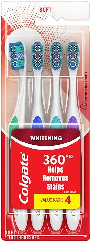 Colgate 360 Optic White Whitening Toothbrush, Adult Soft Toothbrush with Whitening Cups, Helps Whiten Teeth and Removes Odor Causing Bacteria, 4 Pack - Product Image