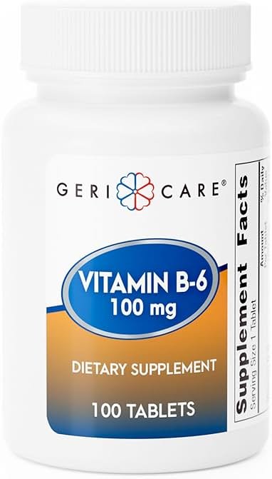 GeriCare Vitamin B-6 100mg, 100 Tablets – Daily Nutritional Support for Healthy Brain Function, Mood Enhancement, Circulatory Health & Metabolism – Helps Combat Fatigue & Promote Overall Wellness - Product Image