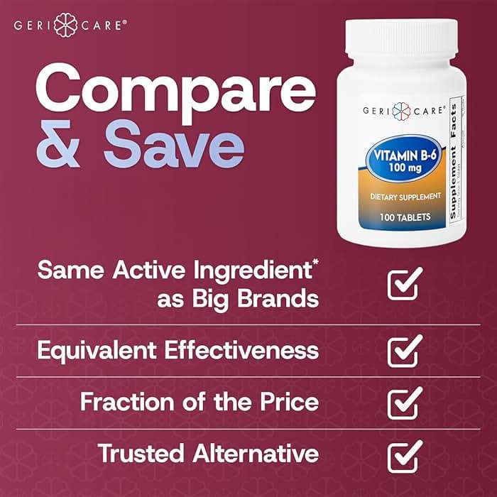 GeriCare Vitamin B-6 100mg, 100 Tablets – Daily Nutritional Support for Healthy Brain Function, Mood Enhancement, Circulatory Health & Metabolism – Helps Combat Fatigue & Promote Overall Wellness - Image 2