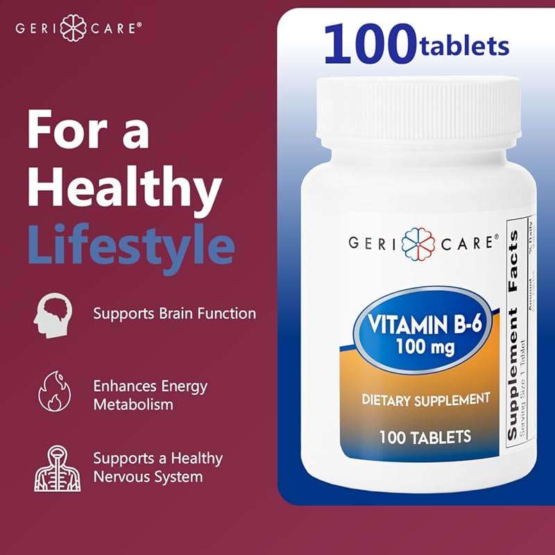 GeriCare Vitamin B-6 100mg, 100 Tablets – Daily Nutritional Support for Healthy Brain Function, Mood Enhancement, Circulatory Health & Metabolism – Helps Combat Fatigue & Promote Overall Wellness - Image 4