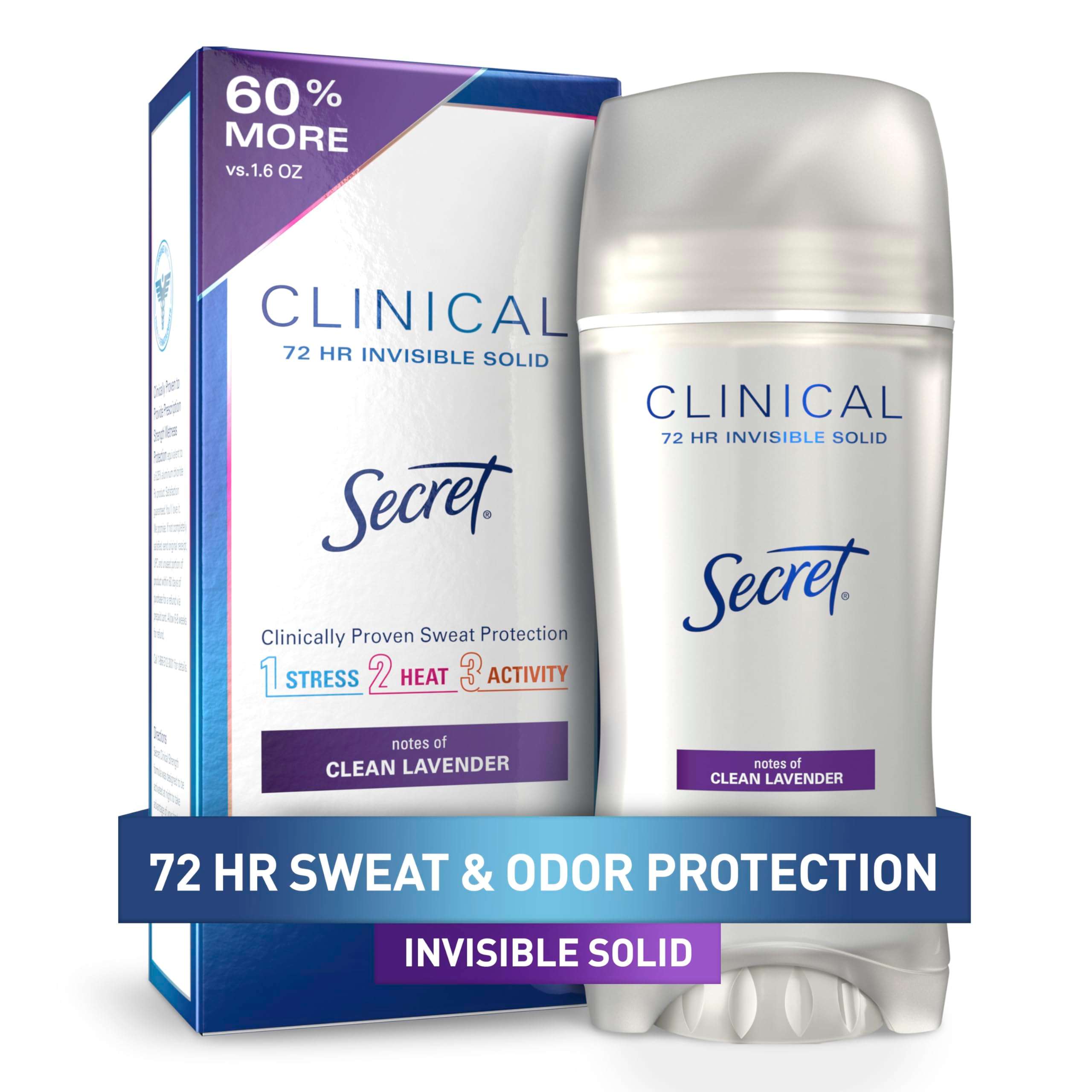 Secret Clinical Strength 100HR Sweat & Odor, Invisible Solid Antiperspirant Deodorant for Women, 3X Stress Protection with Hyaluronic Acid, PH Balanced, Clean Lavender Scent, 2.6 oz - Image 1
