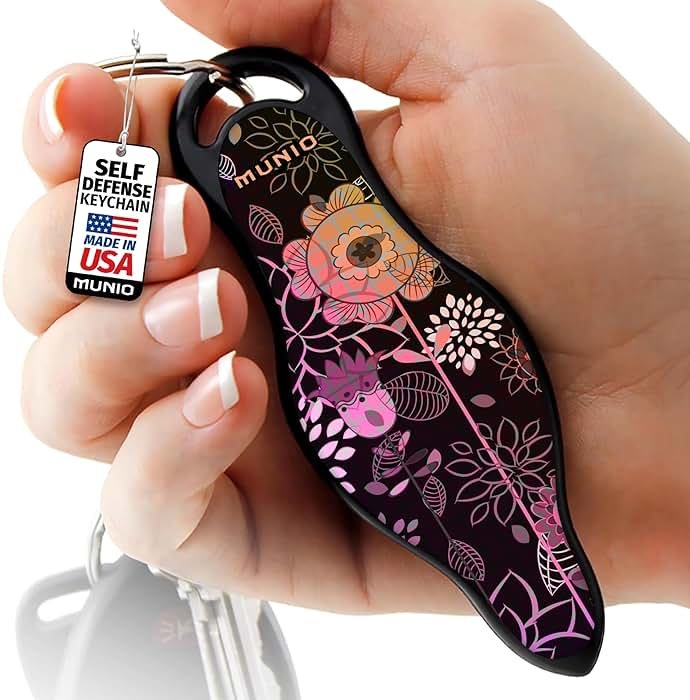 MUNIO Self Defense Keychain – Lightweight, Stylish & Portable Safety Tool for Women & Men – Non-Lethal Kubotan, Easy to Use, TSA Approved – Made in USA – Modern Flowers Design - Product Image
