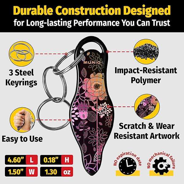 MUNIO Self Defense Keychain – Lightweight, Stylish & Portable Safety Tool for Women & Men – Non-Lethal Kubotan, Easy to Use, TSA Approved – Made in USA – Modern Flowers Design - Image 3