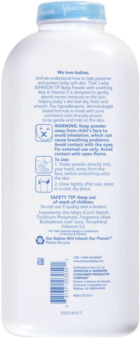 Johnson's Baby Powder with Naturally Derived Cornstarch, Aloe & Vitamin E., Hypoallergenic, No Added Parabens & Dyes for Gentle Baby Skin Care, 22 oz, Baby Essentials, 3 Pack - Image 3