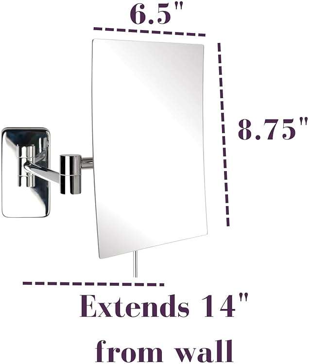 JERDON Wall Mount Makeup Mirror with 5X Magnification - 8.75” x 6.5” Rectangular Mirror Extends 14” – Chrome Finish – Model JRT695C - Image 3