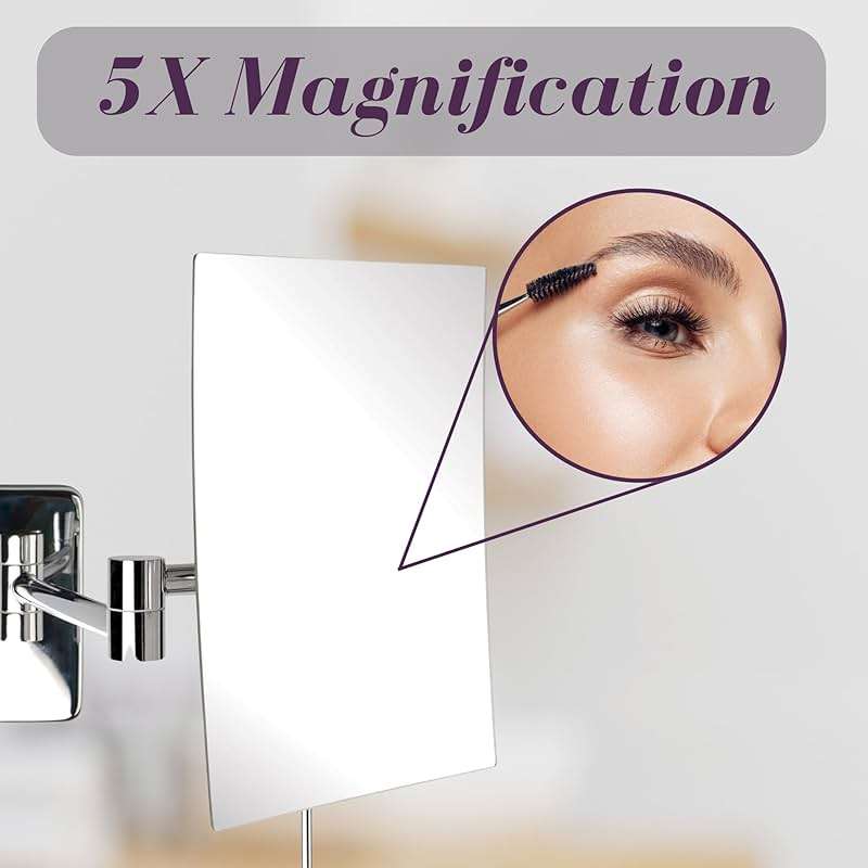 JERDON Wall Mount Makeup Mirror with 5X Magnification - 8.75” x 6.5” Rectangular Mirror Extends 14” – Chrome Finish – Model JRT695C - Image 6