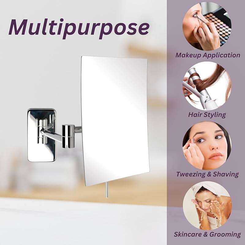 JERDON Wall Mount Makeup Mirror with 5X Magnification - 8.75” x 6.5” Rectangular Mirror Extends 14” – Chrome Finish – Model JRT695C - Image 8