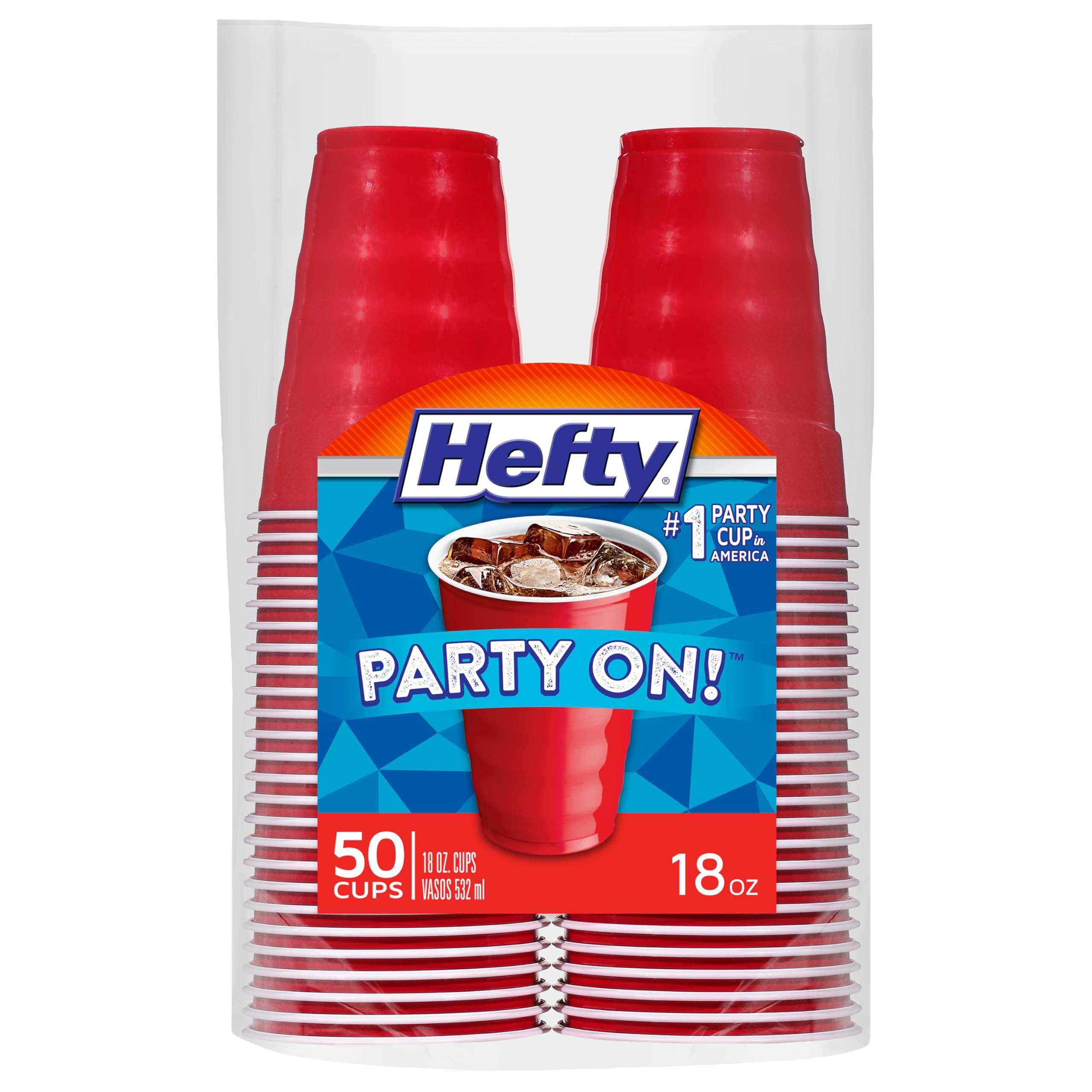 Hefty Party On Disposable Plastic Party Cups, 50 Count, 18 Oz Red Cups for Parties, Tailgates, Birthdays, Holidays, and More, Contoured Shape for Easy Gripping, Strong and Durable - Image 1