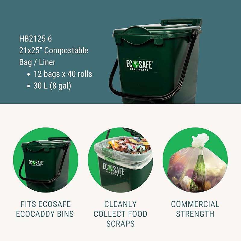 EcoSafe-6400 HB2125-6 Certified Compostable Bag - 21x25” Green Bags for 8 Gallon Bin - Extra Strong Leak, Puncture and Tear Resistant Food Scraps Bin Liners, Pack of 480 - Image 2