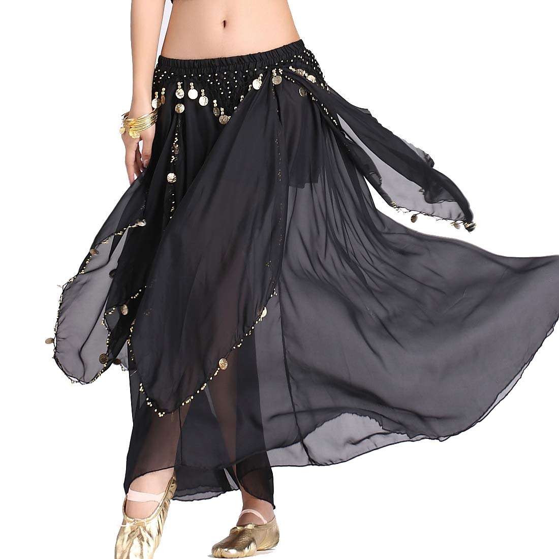 ZLTdream Belly Dance Chiffon Skirt with Gold Coins Belly Dancer Dancing Costume for Girls and Women Halloween Rave Outfits - Image 1