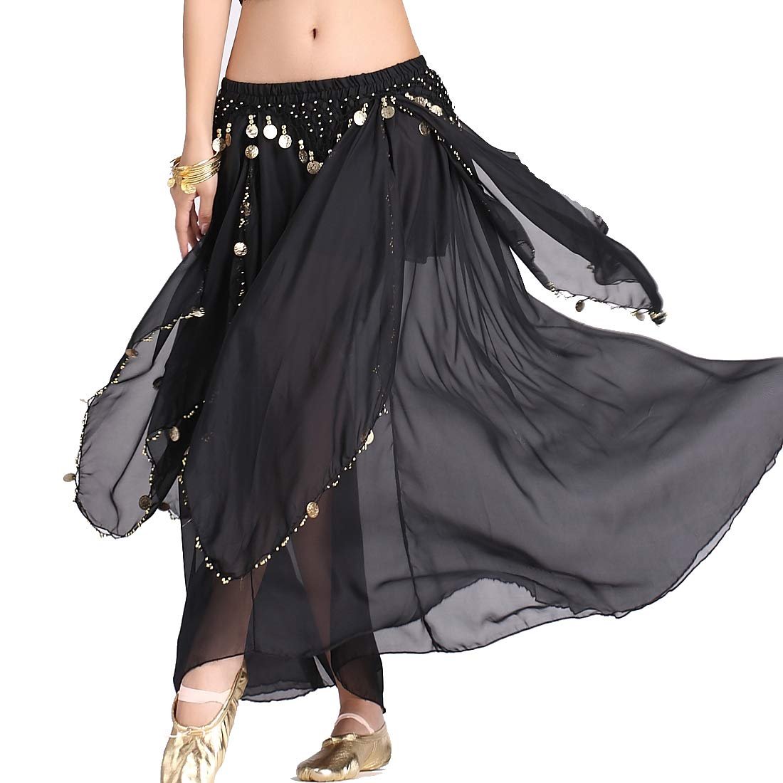 ZLTdream Belly Dance Chiffon Skirt with Gold Coins Belly Dancer Dancing Costume for Girls and Women Halloween Rave Outfits - Product Image