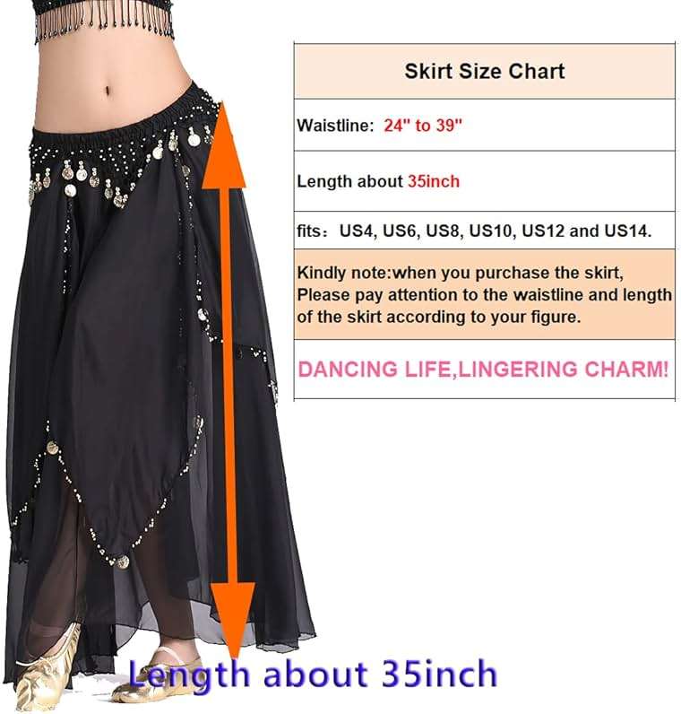 ZLTdream Belly Dance Chiffon Skirt with Gold Coins Belly Dancer Dancing Costume for Girls and Women Halloween Rave Outfits - Image 2
