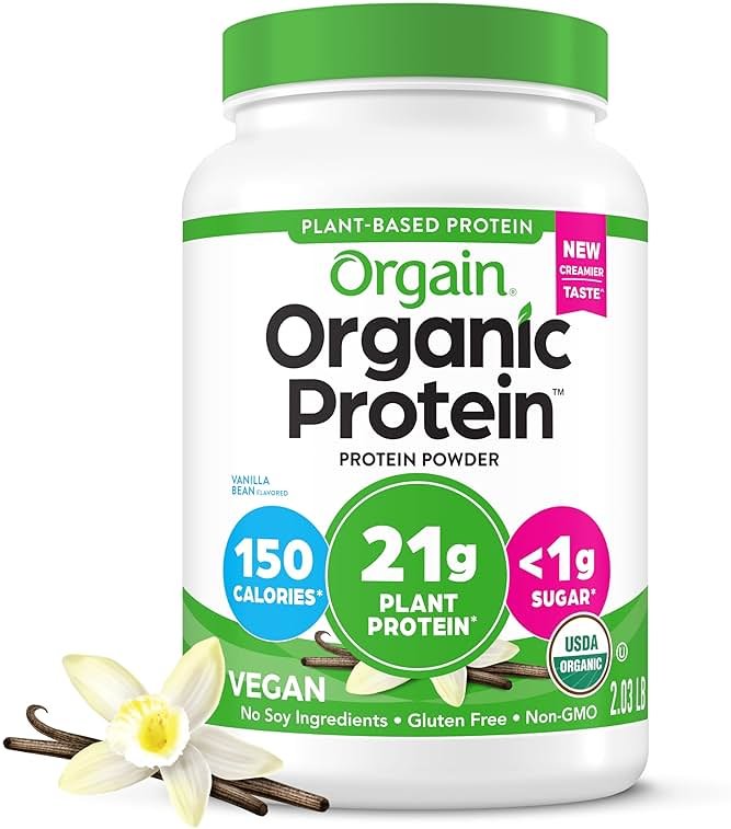 Orgain Organic Vegan Protein Powder, Vanilla Bean - 21g Plant Protein, 6g Prebiotic Fiber, No Lactose Ingredients, No Added Sugar, Non-GMO, for Shakes & Smoothies, 2.03 lb (Packaging May Vary) - Product Image