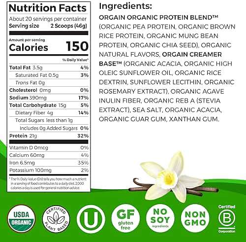Orgain Organic Vegan Protein Powder, Vanilla Bean - 21g Plant Protein, 6g Prebiotic Fiber, No Lactose Ingredients, No Added Sugar, Non-GMO, for Shakes & Smoothies, 2.03 lb (Packaging May Vary) - Image 2