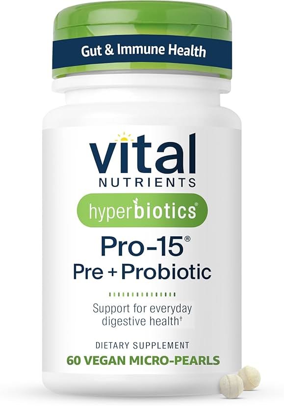 Hyperbiotics Vital Nutrients Pro-15 Prebiotics and Probiotics for Women and Men | 15 Science Backed Strains | Supports Occasional Constipation, Diarrhea, Gas & Bloating | 60 Vegan Time Release Pearls - Product Image