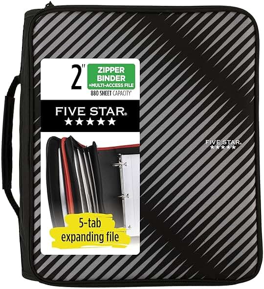 Five Star Zipper Binder, 2 Inch 3-Ring Binder with Round Rings, 5-Tab Expanding File, 380 Sheet Capacity, Black (72536) - Product Image