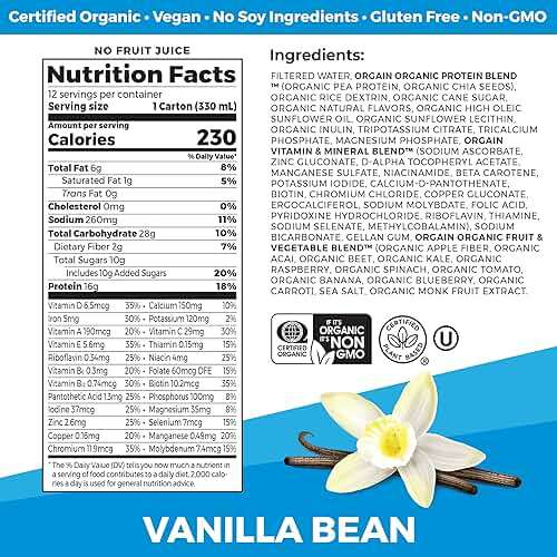 Orgain Organic Nutritional Vegan Protein Shake, Vanilla Bean - 16g Plant Based Protein, Meal Replacement, 21 Vitamins & Minerals, Fruits & Vegetables, Gluten Free, Non-GMO, 11 Fl Oz (Pack of 12) - Image 2