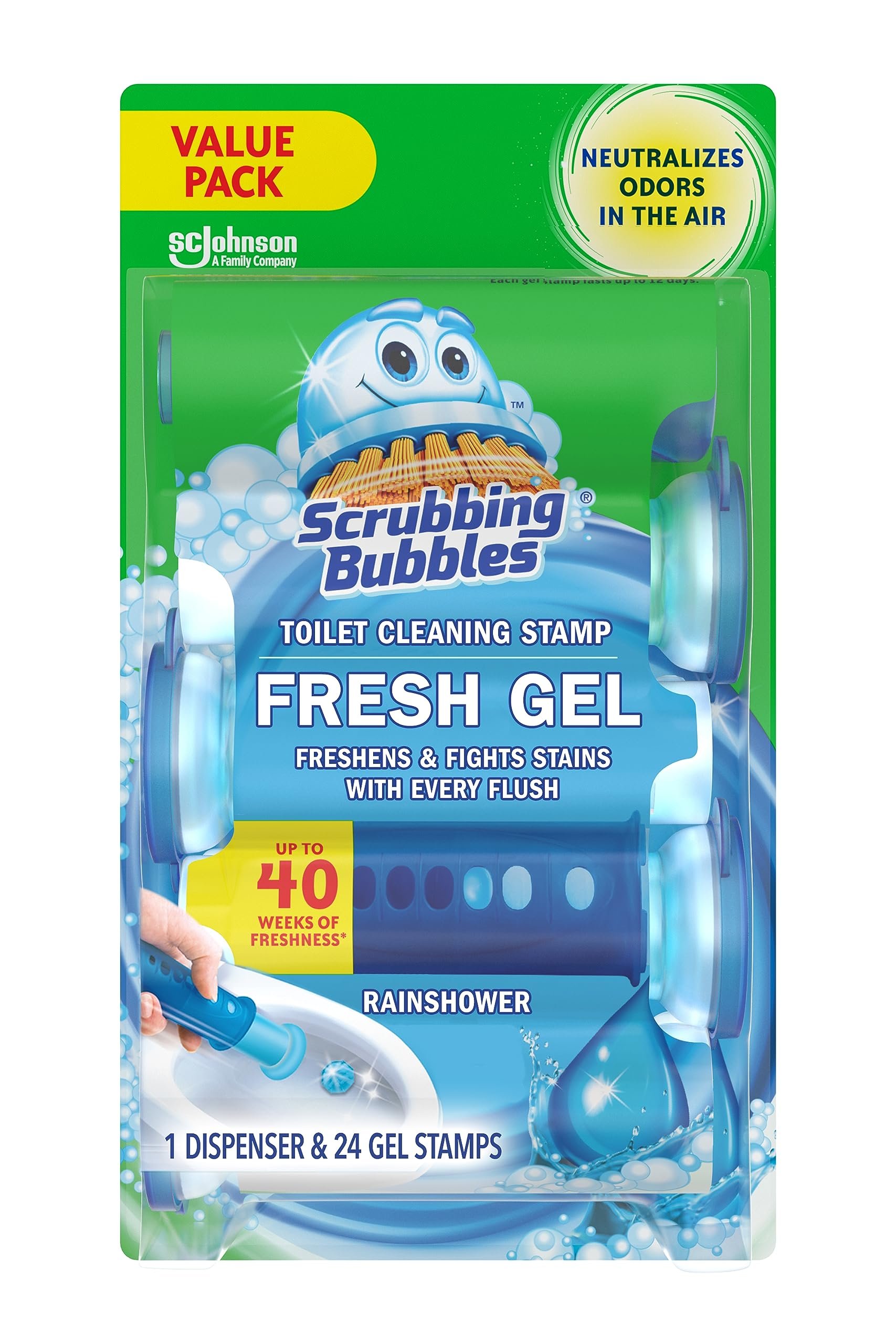 Scrubbing Bubbles Fresh Gel Toilet Bowl Cleaning Stamps, Helps Keep Toilet Clean and Helps Prevent Limescale & Rings, Rainshower Scent, 1 Dispenser with 24 Fresh Gel Stamps - Product Image