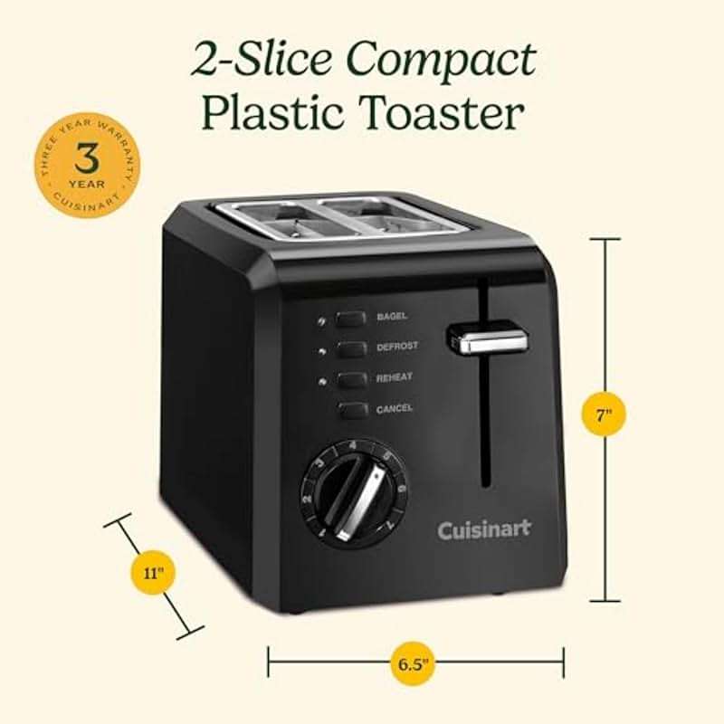 Cuisinart CPT-122BK 2-Slice Compact Plastic Toaster, Slots for Bagels & Bread, 7 Shade Settings, Cancel/Defrost/Reheat Functions, Removable Crumb Tray, Small Kitchen Appliance for Home & Office, Black - Image 2